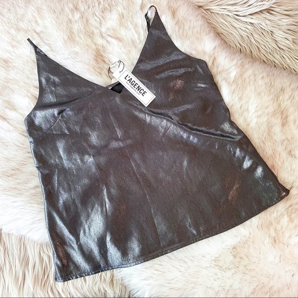 L'AGENCE Tops - L’Agence Gabriella Camisole Metallic Silver Black Tank XS NWT